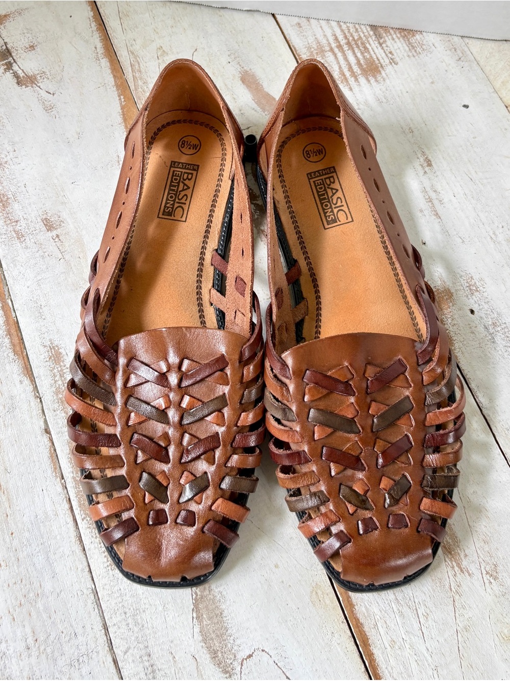 Basic Editions woven braided leather huarache flats fisherman sandals sz 8.5 W